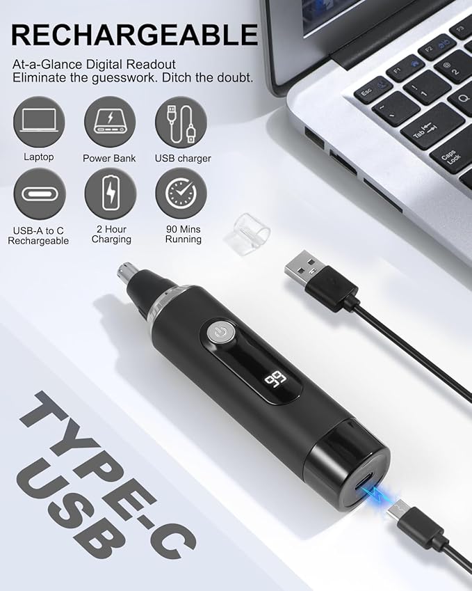 Nose Hair Trimmer for Men and Women,2025 Professional Painless IPX7 Waterproof Eyebrow & Facial Hair Trimmer,USB Rechargeable with LED Display Dual-Edge Blades for Smoother Cutting,Silver