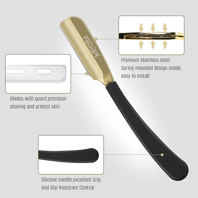 Straight Razors for Men, Professional Straight Single Edge Razor Kit, Silicone Handle Straight Razor with Guard,Stainless Steel Barber Razor for Shaving,Salon Shavette,10 Blades Included