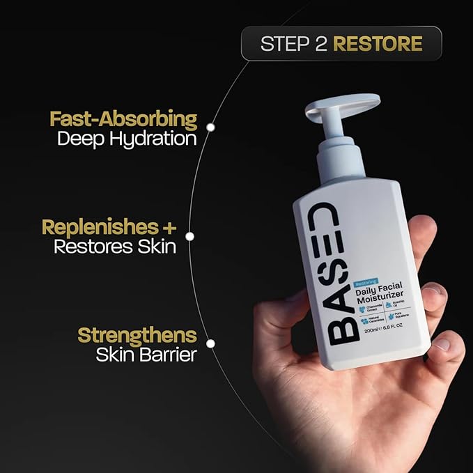 BASED Men's Daily Face Moisturizer - Daily Facial Moisturizer with Squalane & Rosehip Oil - Strengthens Skin Barrier - All Skin Types (6.8 Fl Oz Pack of 1)