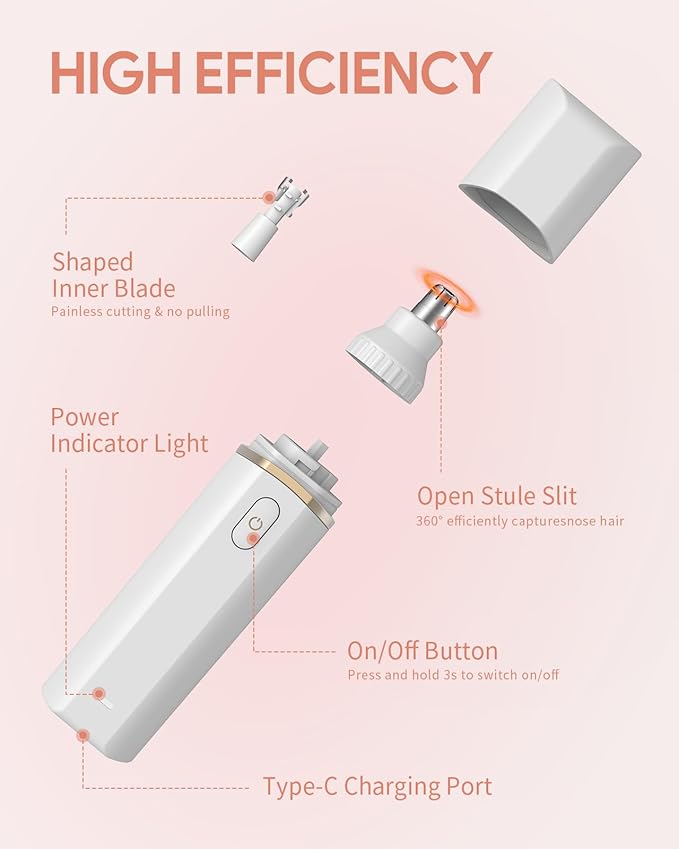 Roleader Nose Hair Trimmer for Men & Women, Type-C Rechargeable Nose Hair and Eyebrow Trimmer, Professional Painless, Powerful Motor and Dual-Edge Blades for Smoother Cutting, White 1PC