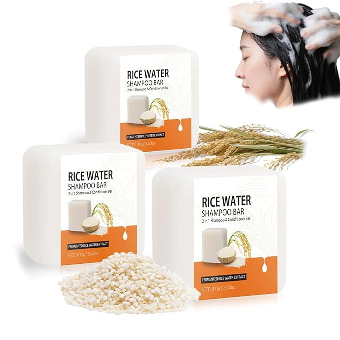 Rice Water Shampoo Bar for Hair Growth, 2 in 1 Fermented Rice Water Shampoo & Conditioner Bar for Damaged, Broken,Thinning Hair (3pcs)