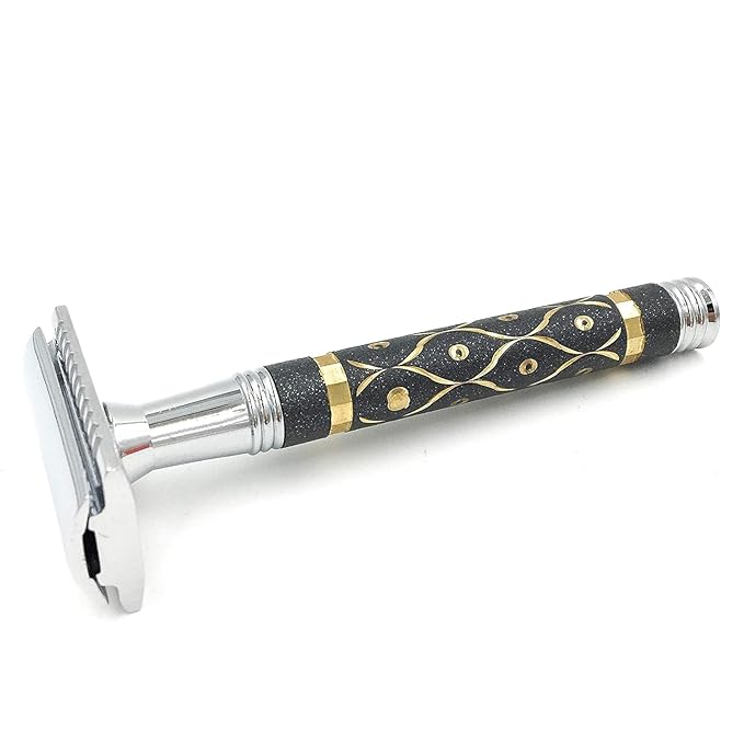 Parker 65R Super Heavyweight Double‑Edge Safety Razor – Sandstone‑Textured Brass Handle for Precise Grip & Control, 4" Long Handle – Includes 5 Premium DE Blades