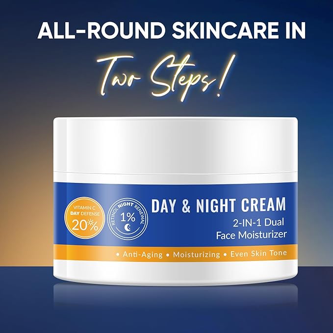 Day & Night Facial Moisturizer, 20% Vitamin C Cream and 1% Retinol Cream for Face Daily Face Moisturizer for Women Men, 2 in 1 Hydrating Facial Lotion for Anti aging Wrinkle Even Skin Tone