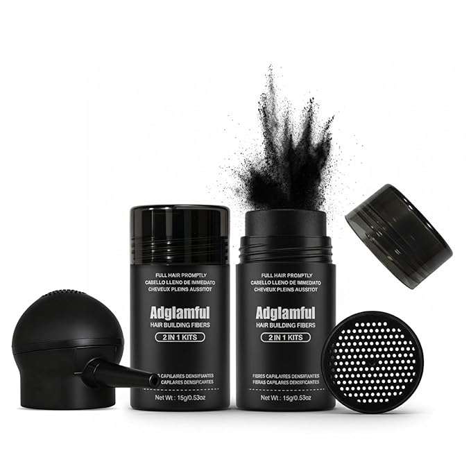 Hair Building Fibers Set, 15g x 2 Bottles with Press Applicator, Lightweight Fiber Powder for Thinning Areas, Natural Volume, Travel-Friendly Kit, Black
