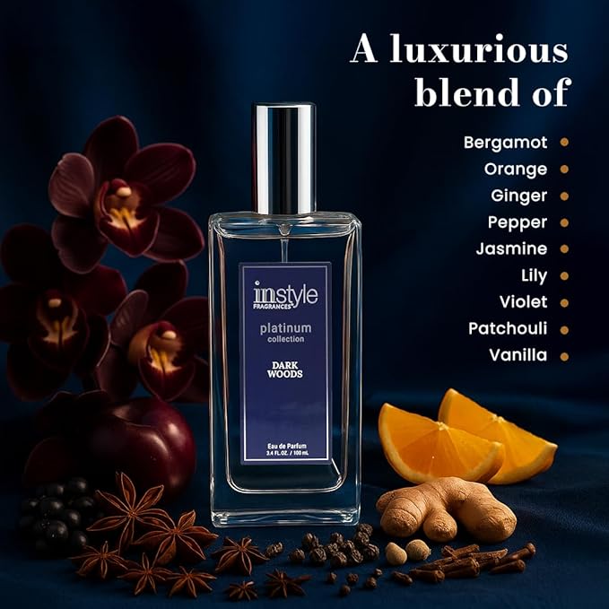 Instyle Fragrances Platinum Collection Dark Woods, Inspired by T. Ford's Blac.k Orchid, Premium Unisex Eau de Parfum, CLEAN, Vegan, Paraben-Free, Never Tested on Animals, 3.4 Fluid Ounces