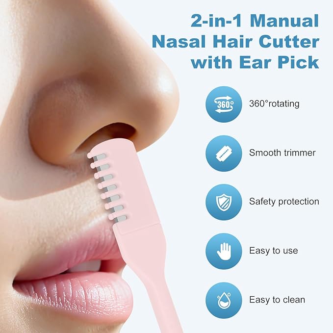 5PCS 2-in-1 Nasal Hair Cutter, Manual Nose Hair Trimmer Cutter with Ear Pick for Women & Men 360°Rotating Nose Hair Remover Grooming Tool Knife Razor Portable Nostril hair Trimmer Clipper (Light Pink)