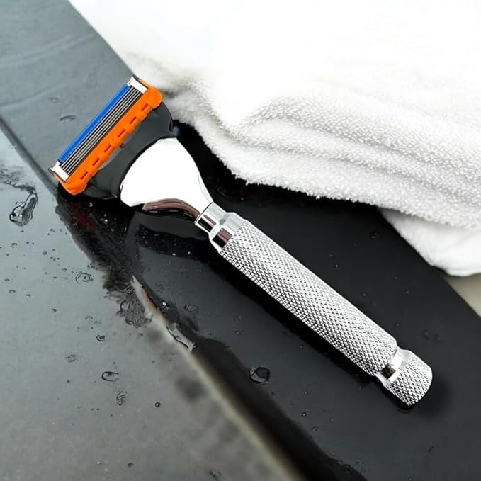 Parker 5-Blade Razor Handle Compatible with Gillette® Fusion® Cartridges – Weighted Metal Handle with Textured Grip for Smooth, Tug-Free Shaving | Luxury Men’s Gift | 1 Cartridge Included (CHROME)