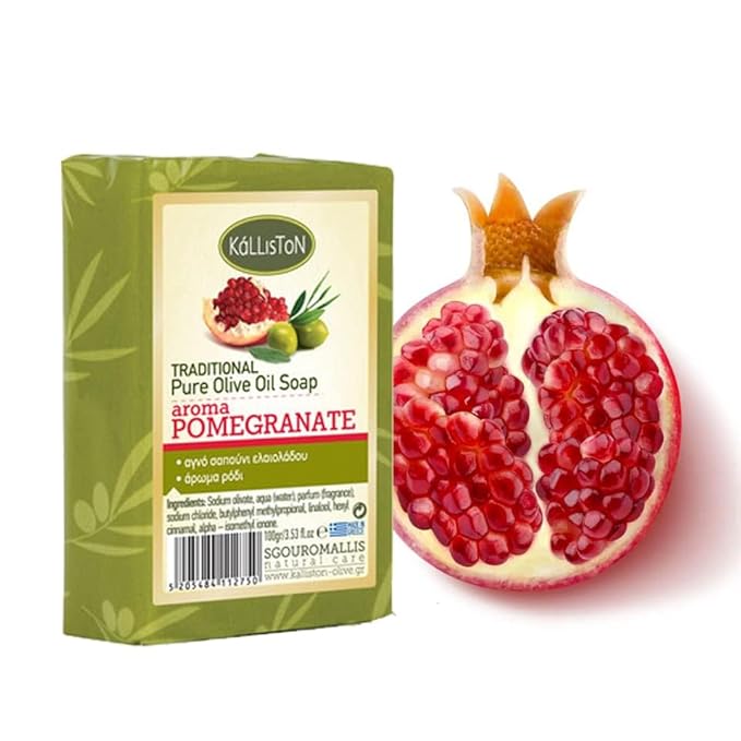 Kalliston, Pomegranate olive soap bar with volcanic Pumice Stone, hypoallergenic, moisturising, all-natural soap from Greece, Pack of 4