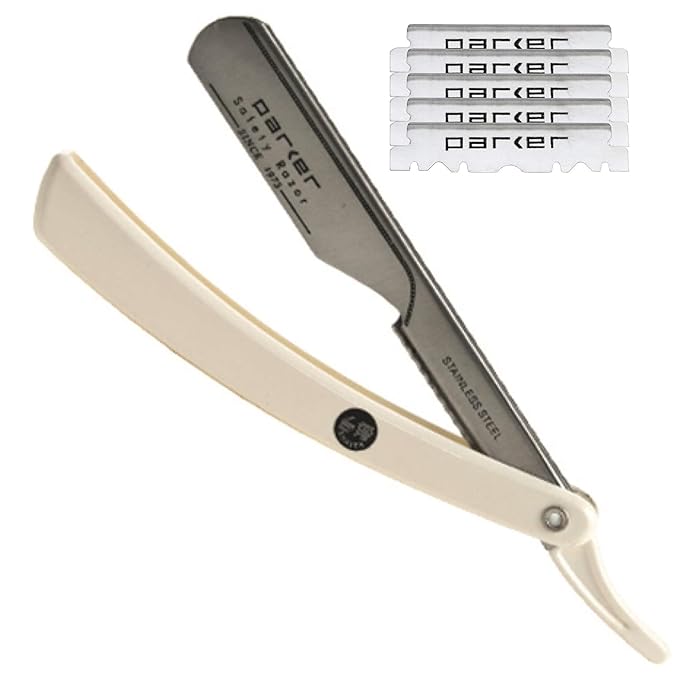 Parker PTW Professional Straight Razor with Replaceable Blades – All‑Stainless‑Steel Push‑Type Design + 5 Parker Platinum Half Blades – Barber‑Grade Razor for Precision Detailing