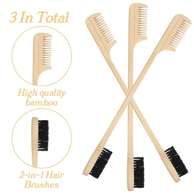 3 Pieces 2-in-1 Moustache Beard Edge Brush, Bamboo Wood Comb, Eyebrow Hair Tool, Gentle Control, Double Sided Design