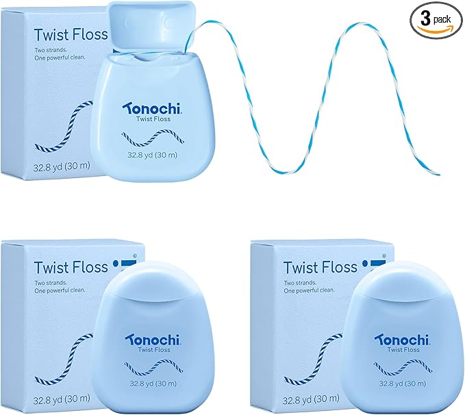 Twist Woven Dental Floss, Two-Tone Color Fibers for Visible Plaque Tracking, Shred-Resistant Braided Texture, Smooth Ribbon-Like Glide, Gentle on Gums, Mint + Xylitol, 3-Pack (33 yd Each)