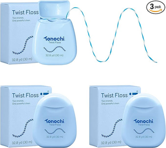 Twist Woven Dental Floss, Two-Tone Color Fibers for Visible Plaque Tracking, Shred-Resistant Braided Texture, Smooth Ribbon-Like Glide, Gentle on Gums, Mint + Xylitol, 3-Pack (33 yd Each)