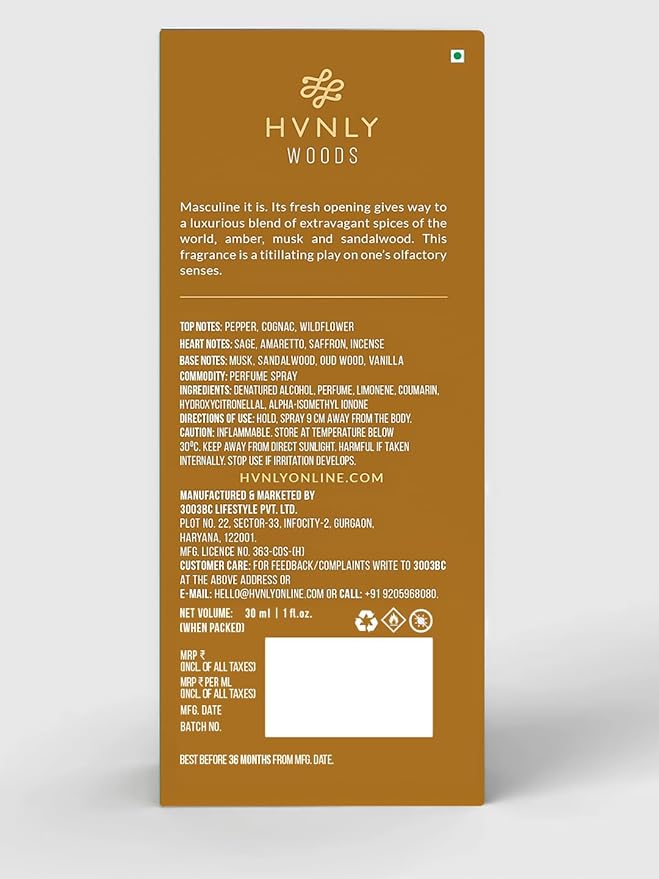 HVNLY Woods EDP | Cologne for Men | An Ideal Gift | Premium, Strong & Long Lasting Fragrance | Sandalwood, Oudh, Musk & Spices | Ideal Perfume for Office Wear & Day Wear | 1.0 Fl.Oz