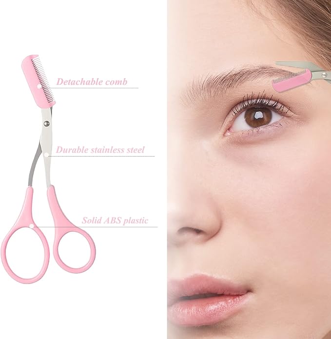 ONEUPIN 7-Piece Professional Eyebrow Grooming Kit with Razor, Tweezer, Eyelash Curler, False Eyelash Tool, Scissors, Comb - Women's Kit (Pink)