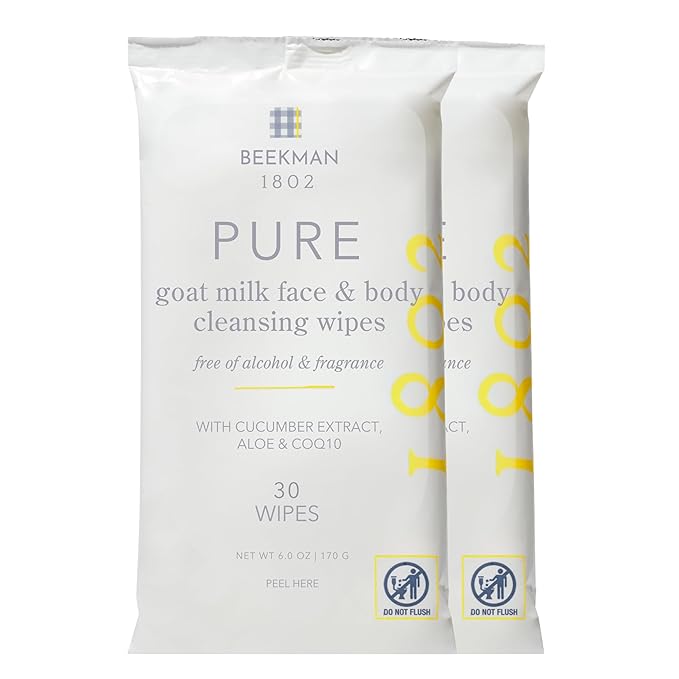 Beekman 1802 Face & Body Wipes - Fragrance Free, 30 Count, Cleanses Dirt & Makeup, With Goat Milk, Aloe & Vitamin E (Pack of 2)