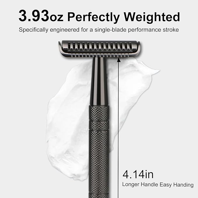 Double Edge Safety Razor with 10 Blades and Stand, Single Blade Razors for Men and Women, Long and Heavy Duty Stainless Steel Handle, Smooth Close Gentle Shave, Black