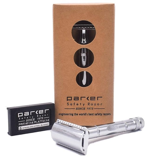 Parker 89R 3-Piece Safety Razor Handle with Chrome Plated Brass Handle, and 5 Parker Premium Double Edge Razor Blade Refills