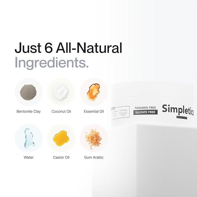 Simpletics Hair Clay for Men (Vanilla Scent) – Natural 6 Ingredient Matte Styling Clay with Beeswax & Coconut Oil – Strong Hold, Water Based, Non-Greasy – Adds Texture & Volume – 2oz