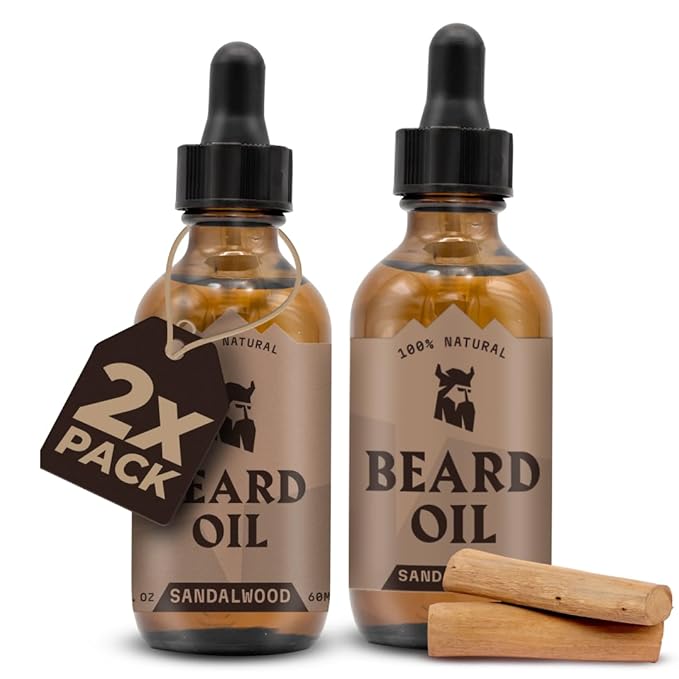 Striking Viking Beard Oil for Men - 2 Fl Oz, Pack of 2, Sandalwood - Nourishing Argan & Jojoba Oil Blend - Soothing Almond & Tea Tree Beard Conditioner - Promotes Fuller Facial Hair Growth