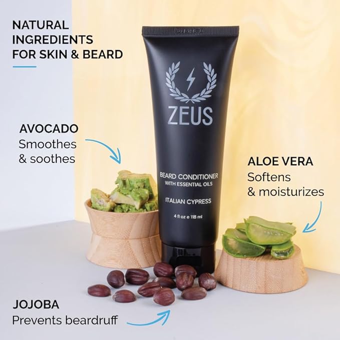 ZEUS Italian Cypress Beard Conditioner Wash with Essential Oils for Men, Deep Cleansing Hydration for Softer Facial Hair with Avocado, Aloe Vera & Jojoba Oil (Made in USA) 4 oz.