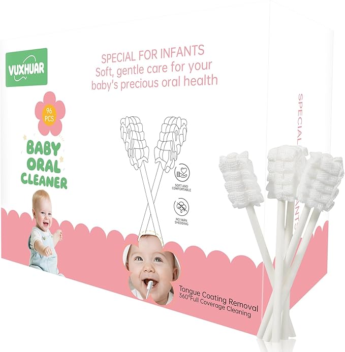 Baby Tongue Cleaner 96-Count, Newborn Oral Care Gauze Swabs – Soft Disposable Mouth Wipes, Individually Wrapped Travel Pack, Infant Tongue Brush for 0-36 Months