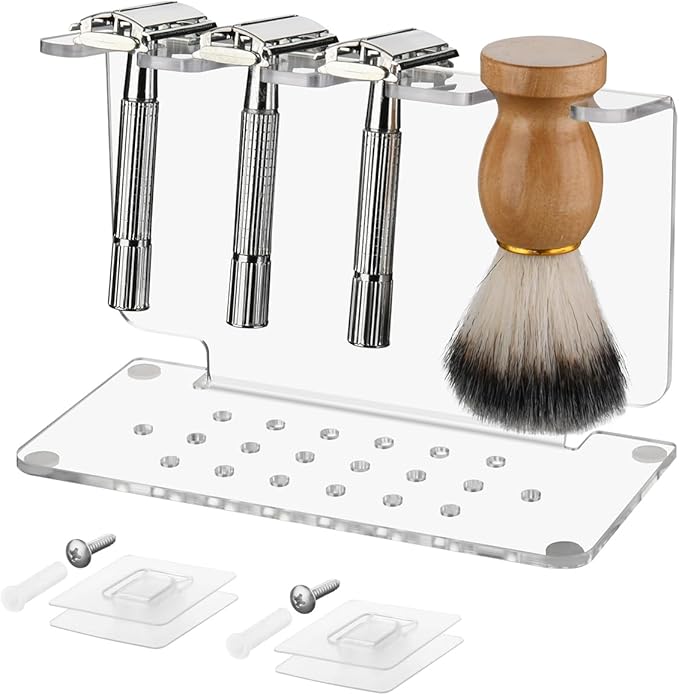 Beautyflier Safety Razor Stand, Clear Acrylic Razor Holder and Shaving Brush Stand, Men's Travel Shaver Stand Compatible with Most Razors and Brushes, Holds 3 Razors and 1 Brush (Stand Only)