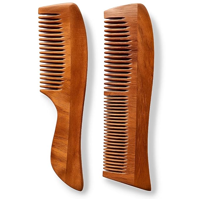 Natural Neem Wood Comb Set of 2 (Wave Lily & Wave Handle) | Wide & Fine Tooth Wooden Hair Pick Comb Set for Men & Women | Eco-Friendly, Plastic-Free Wooden Combs for Daily Grooming | Curly & Texted