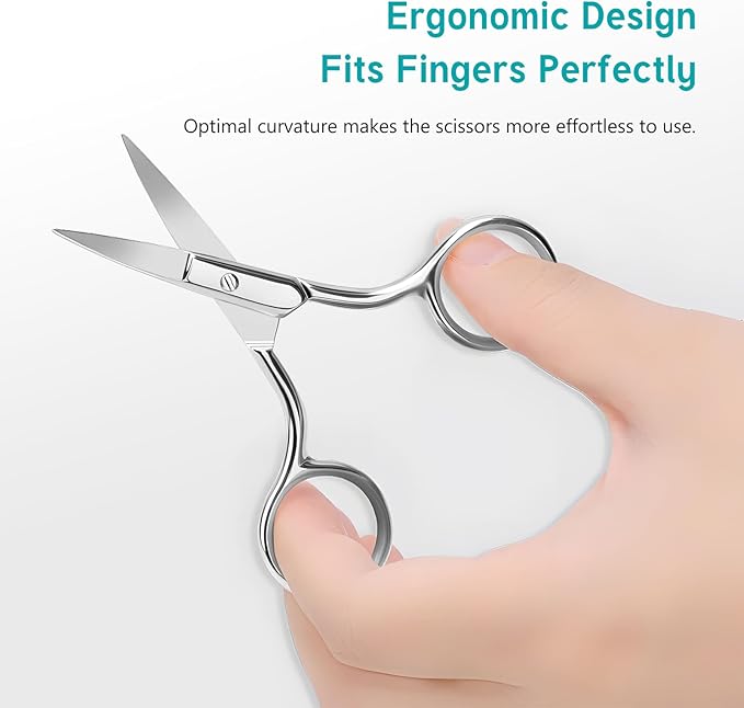 Facial Hair Grooming Scissors for Men & Women: Eyebrow, Nose Hair, Mustache, Beard, Eyelashes, Ear Trimming Kit - Curved & Rounded Safety Tip Clippers - 2PCS Silver.