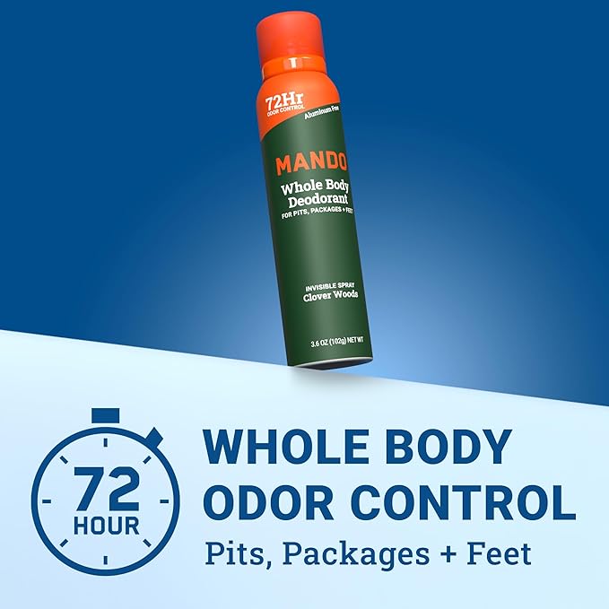 Mando Whole Body Deodorant For Men - Invisible Spray Deodorant - 72 Hour Odor Control - Low Irritation Formula - Aluminum Free, Benzene Free - 3.6 ounce Can - Clover Woods
