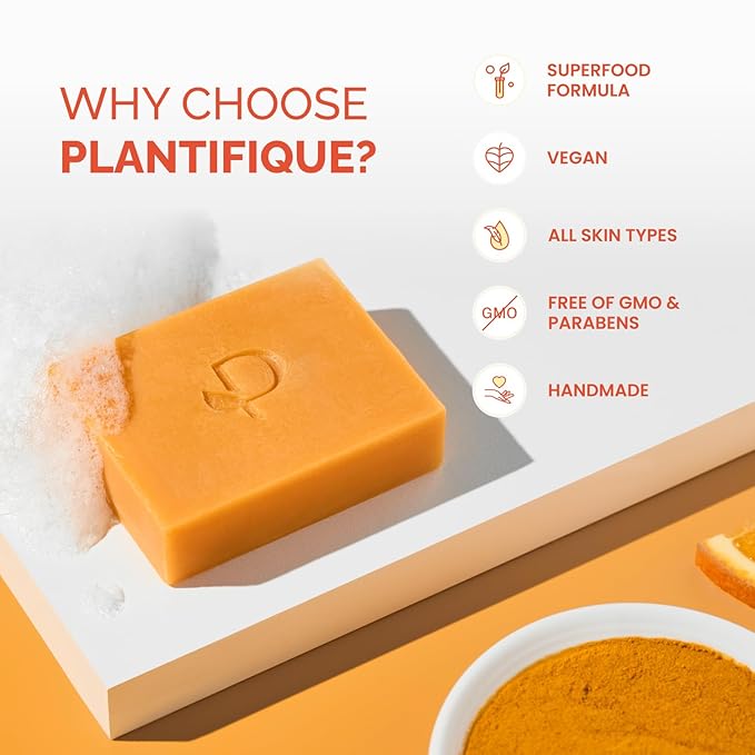 PLANTIFIQUE Kojic Acid Soap for Hyperpigmentation with Travel Silicone Case - Turmeric Bar with Hyaluronic Acid, Collagen, Vitamin C - Vegan Skincare for Radiant Skin - 80 g / 2.82 oz