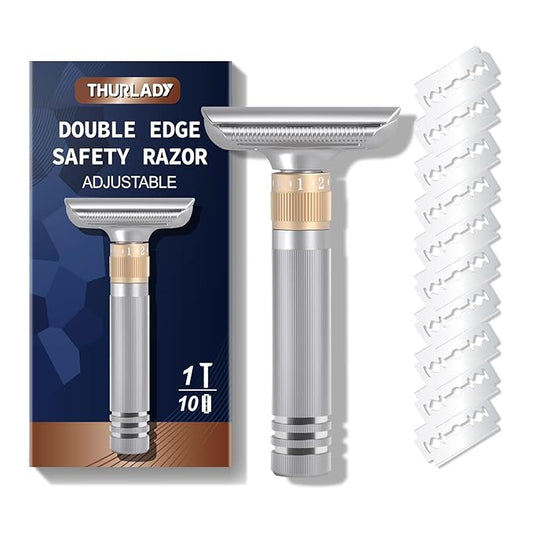 Double Edge Safety Razor, Single Blade Razors for Men, with 10 Platinum Coated Swedish Safety Razor Blades, Sustainable, Close and Smooth Wet Shaving, Adjustable Blade Angle, Matte Silver