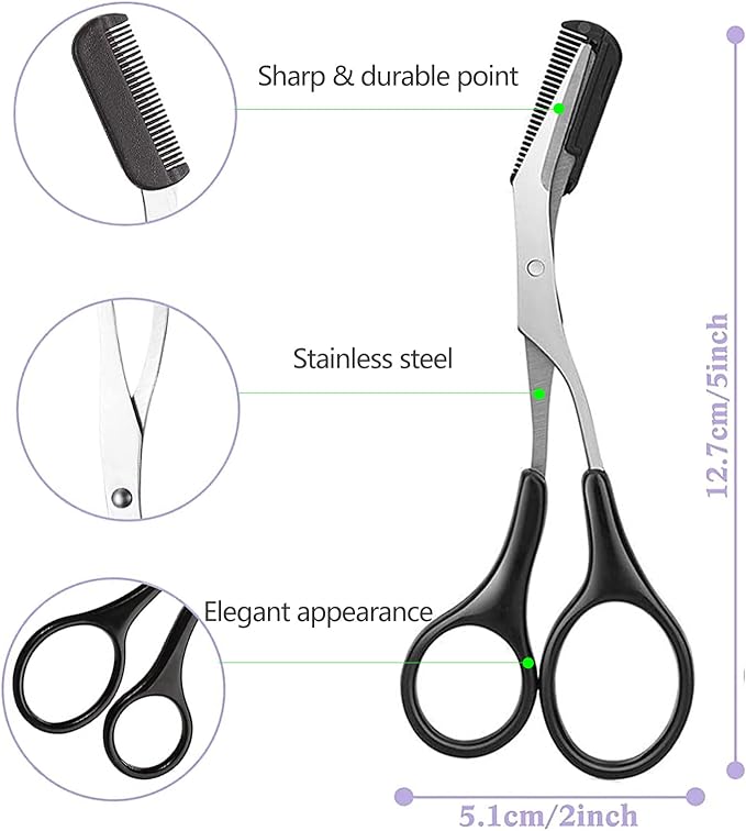 Eyebrow Scissors with Comb, KAJUDA Facial Hair Small Grooming Scissors For Men Women - Eyebrow Trimmer Scissor for Eyebrows, Nose Hair, Mustache, Beard, Eyelash - 3PCS Black