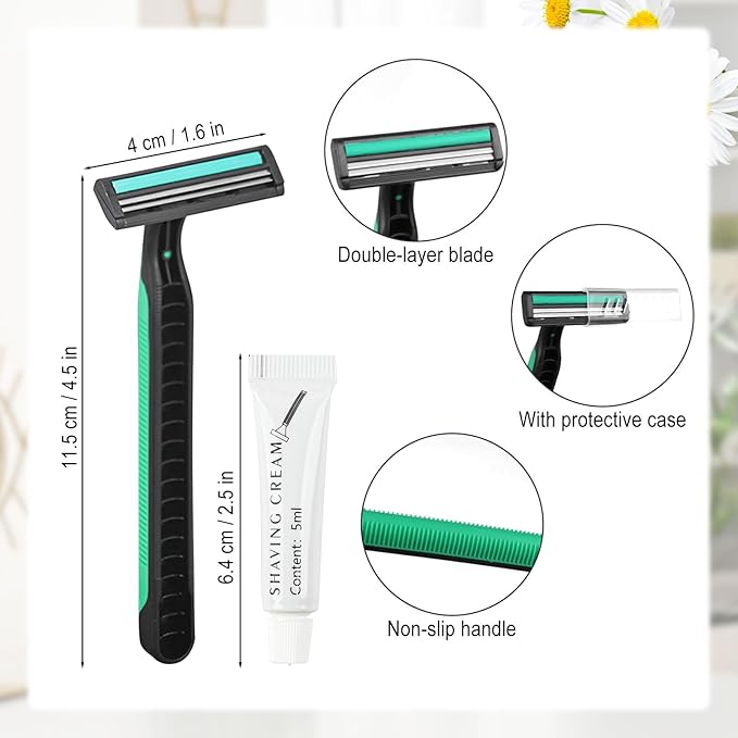 disposable razors in bulk, razors with knife cap, individually packaged disposable bulk with shaving cream for hotels, shelters, homeless, nursing homes, charities, churches (100 pieces)
