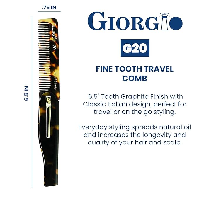 Giorgio G20 Folding Mustache and Beard Comb 6.5 Inch - Fine Tooth Travel Comb for Everyday Styling and Hair Care - Handcrafted Sawcut and Hand Polished