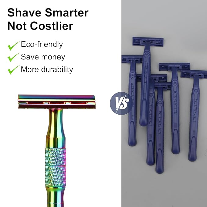 Rainbow Double Edge Safety Razor with Stand, Single Blade Razors for Men and Women, with 10 Safety Razor Blades, Smooth & Close Shave, Plastic Free