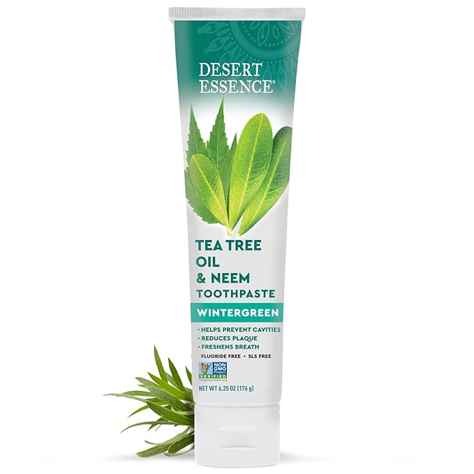 Desert Essence Tea Tree Oil & Neem Toothpaste - Fluoride-Free, Gluten-Free, SLS Free Formula - Vegan, Herbal Toothpaste for Plaque Reduction - Wintergreen Flavor, 6.25 oz