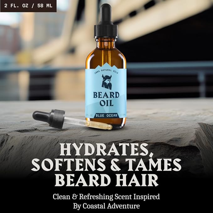 Striking Viking Beard Oil for Men (2 Fl Oz (Pack of 1), Blue Ocean) Naturally Derived Conditioner with Almond, Tea Tree, Argan & Jojoba Oil for Beard Growth, Softening & Moisturizing