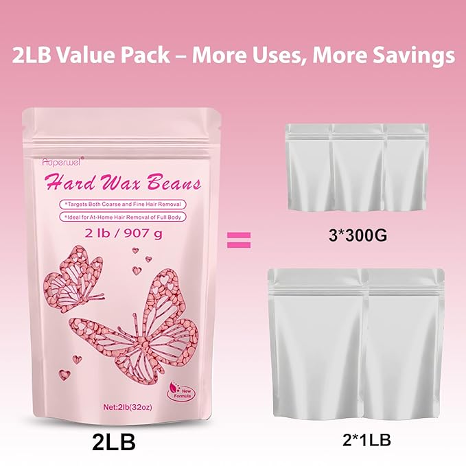 Wax Beads Includes 20 Sticks,Hard Wax Beads 2lbs for Hair Removal and Sensitive Skin Friendly, Large Hard Wax for Brazilian, Bikini, Armpits, Face & Body At-Home Waxing, Rose