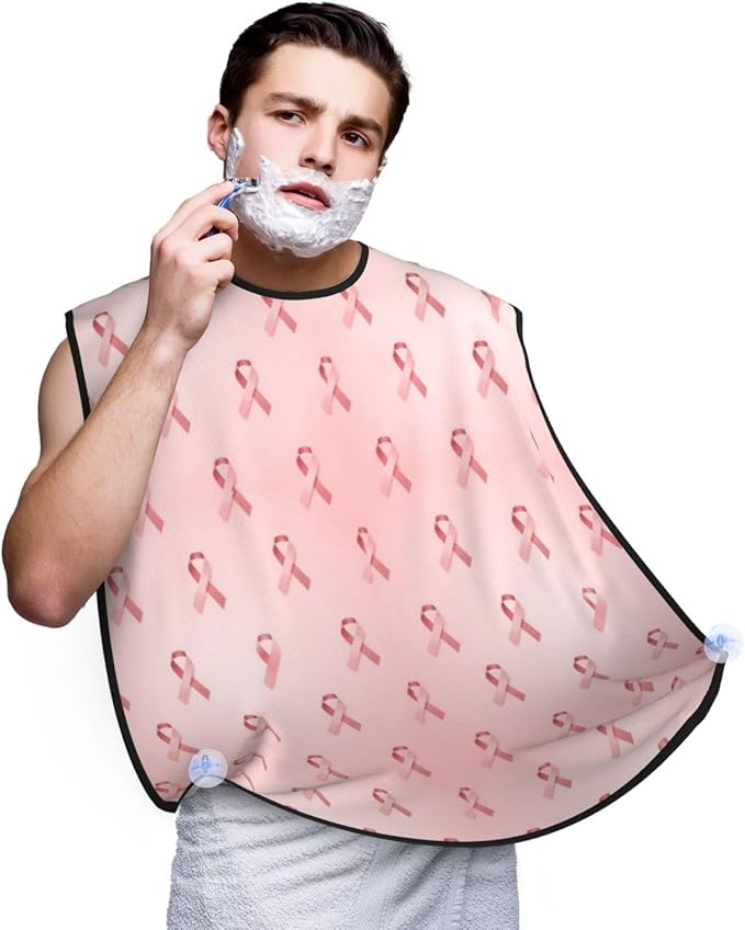 Beard Grooming Cape, Waterproof Hair Catcher for Shaving Trimming, Non-Stick Bib Apron Gifts for Dad Men, Breast Cancer Ribbons Awareness Pink Shave Bib