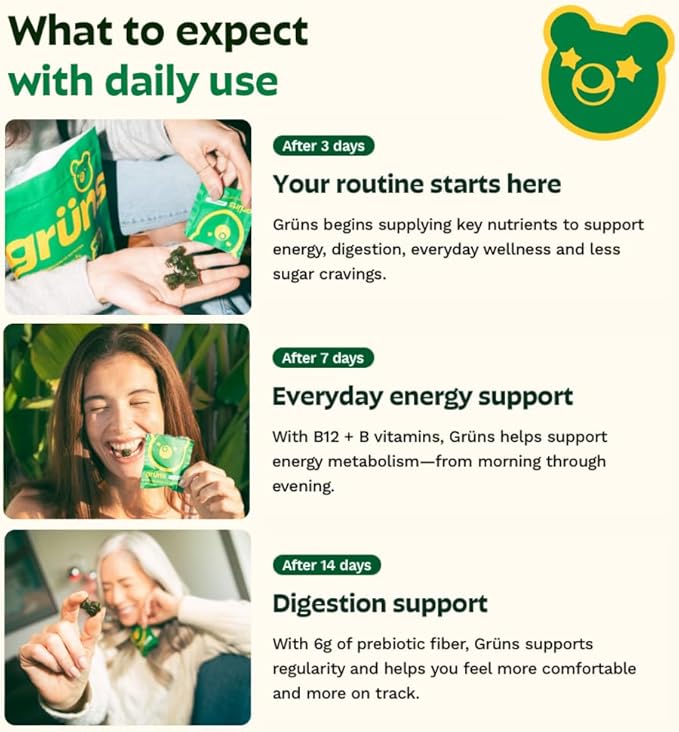 Gruns Adults Super Greens Multivitamin Gummies, Superfood Vitamin Gummy Bears with Spirulina, Chlorella, Prebiotic Fiber for Digestive Health, Adaptogens Supplement, 20 Vitamins & Minerals, 28 Count