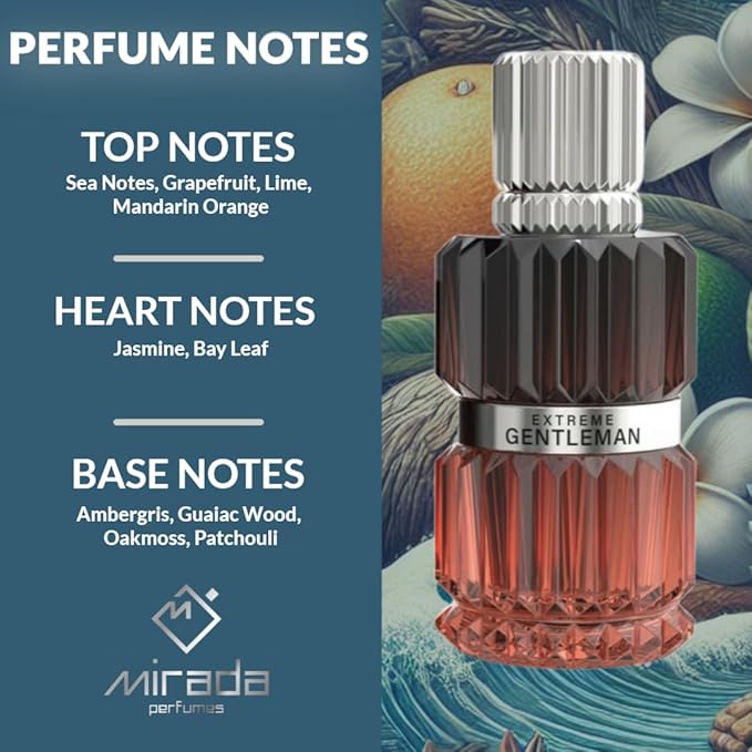 MIRADA Gentleman Extreme, Men's Eau de Parfum (EDP) 3.4 FL. Oz (100ml), Men’s Perfume with Notes of Sea Notes, Grapefruit, Lime, Mandarin Orange, Jasmine, Bay Leaf, Ambergris, Guaiac Wood, Oakmoss