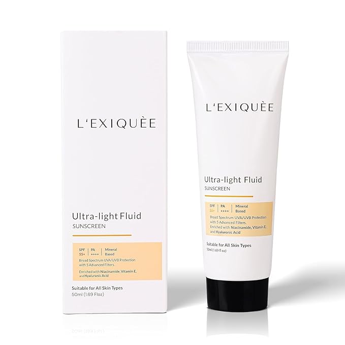 L'E'X'IQUÉE Ultra-Light Mineral-Based Sunscreen SPF 55+ PA++++ | No White Cast Fluid for Face | Non-Greasy Facial Sunscreen with Niacinamide & Hyaluronic Acid | Men & Women | 1.69 fl oz