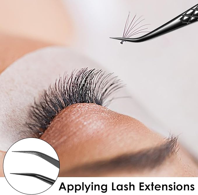Lash Tweezers for Eyelash Extensions, Fiber Tip Lash Isolation Tweezers Curved Degree Grip Tweezer Black Stainless Steel Professional Eyelash Tweezer for Individual Isolation and Classic Lashes