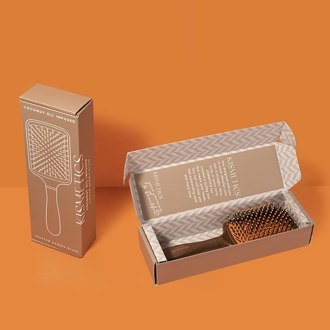 Coconut Oil Infused HAIR BRUSH, Scented Paddle Brush, for Gentle Detangling, Scalp Massage or Blow-dry. For All Hair Types. Brown