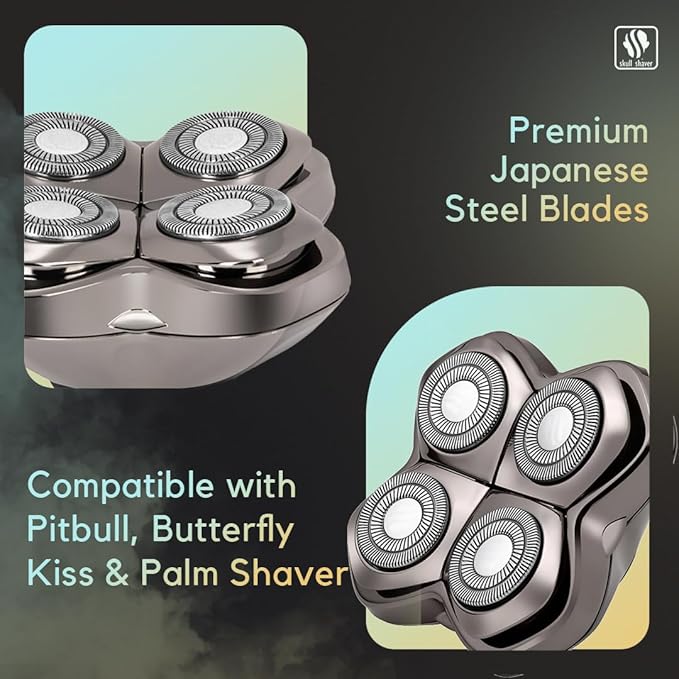 Skull Shaver Carver PRO 4 Head Replacement Blade - Shaver Blade for Wet & Dry Shaving - Rotary Heads Design - Japanese Stainless Steel - Compatible with Pitbull, Palm & Butterfly Kiss Shavers