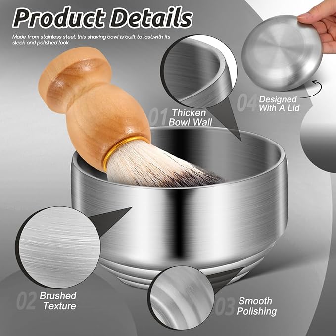 Stainless Steel Shaving Bowl with Lid for Men and Ergonomic Shaving Soap Bowl Bathroom Accessory
