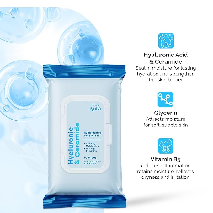 Hyaluronic Acid & Ceramide Face Wipes – Dermatologist Tested, Anti-Aging, Korean Skin Care – Removes Makeup, Deep Hydration, Strengthens Skin Barrier – Vegan, Clean Beauty – 60 Count
