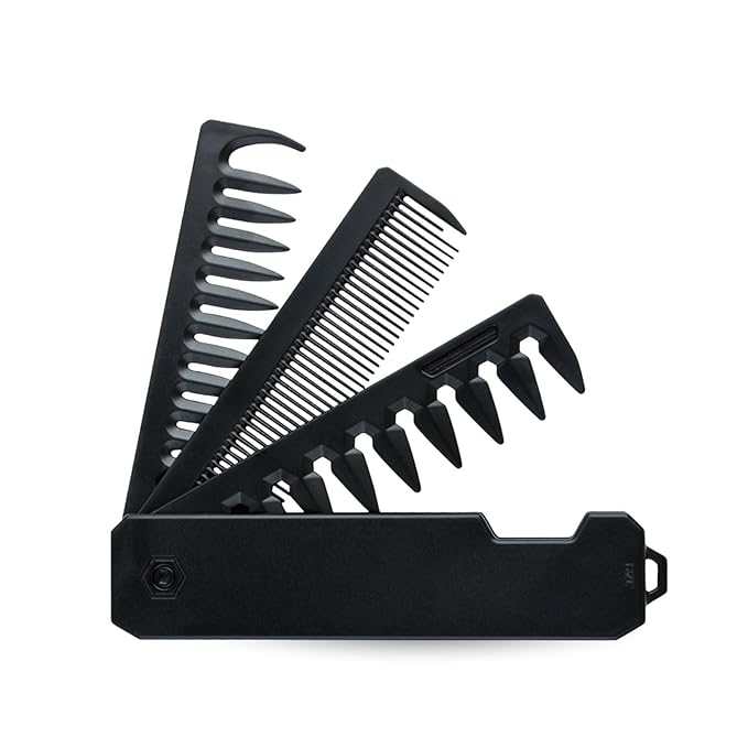 Protable Folding Pocket Comb for Men, 3 in 1 Hair Comb - Fine Tooth & Wide Tooth Comb, for Everyday Grooming & Combing Hair, Beards and Mustaches (Black)