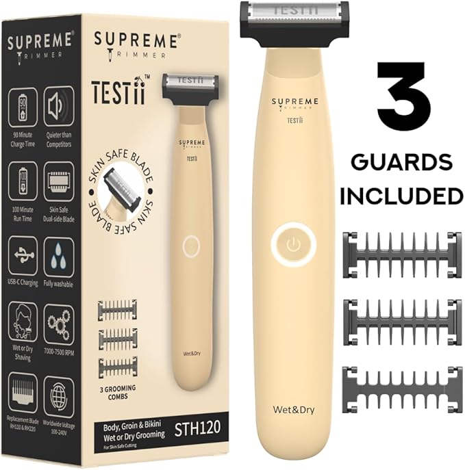 Supreme Trimmer Testii STH120 Men’s Ball Trimmer and Body Groomer, Waterproof Wet Dry Use, Skin-Safe Blade System, USB-C Fast Charging, 90 Min Runtime, Replacement Heads Available