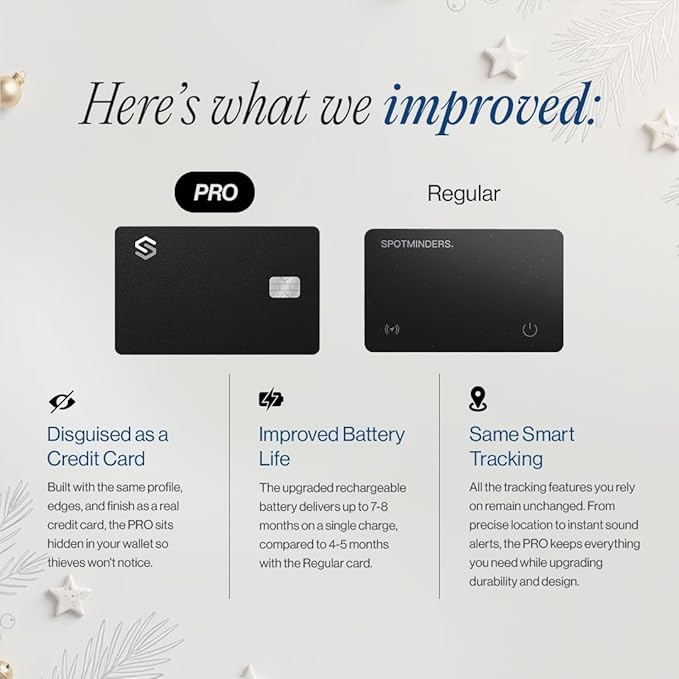 SPOTMINDERS Mens Valentines Day Gifts for Him Apple MFi Certified Credit Card Wallet Tracker PRO (iOS Only) 0.07in Works with Apple Find My Rechargeable Tracking Card IP68 Slim Passport Item Finder